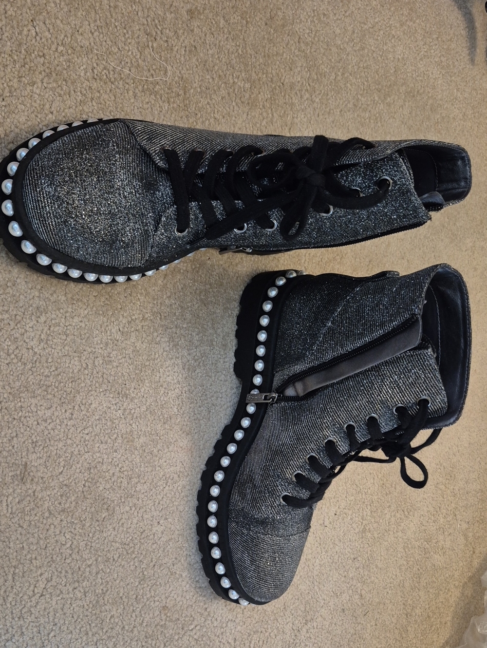 Jessica Simpson Black Glitter Lace-Up Combat Boots with Pearl Trim